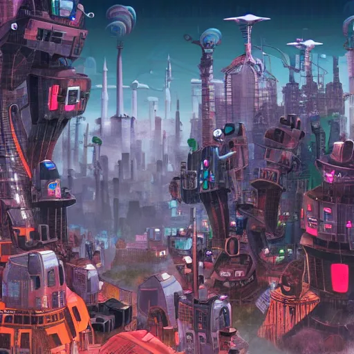 Image similar to The robot city, a fantasyland full of robots in a surrealistic city in digital wasteland in the future