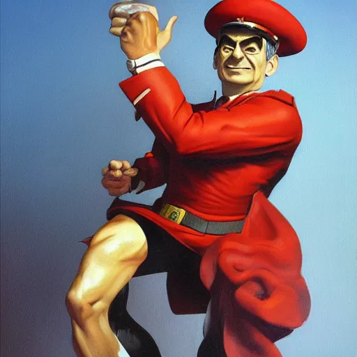 Prompt: ultra realistic full body painting of mr bean as m. bison from street fighter, art by frank frazetta, 4 k, ultra realistic, highly detailed, epic lighting
