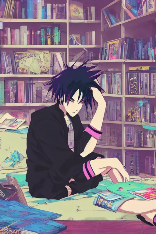 Image similar to anime goth guy sitting on the floor of a cluttered 9 0 s bedroom reading a book, vaporwave colors, lo - fi, concept art, smooth, detailed, toon shading, cel shading, animation, 4 k, hd,