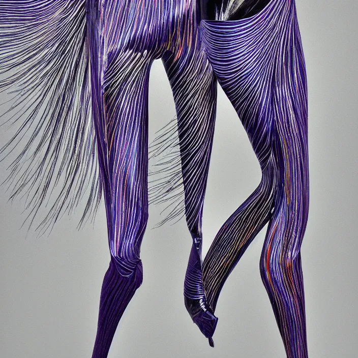 Prompt: metallic neoprene woman, feathered, nylon fashion, designed by corbusier, by alex grey, by santiago calatrava