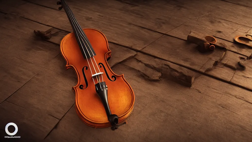 Image similar to a violin on an ancient wood table, 3/4 view, beautifull reflexions, detailed, photorealistic, octane render