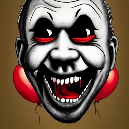 Image similar to grunge cartoon painting of kanye with a wide smile and a red balloon by chris leib, loony toons style, pennywise style, corpse bride style, horror theme, detailed, elegant, intricate