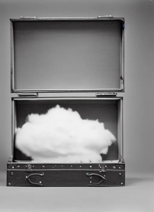 Prompt: realistic photo of white hairy cloud in a wooden box briefcase, front view, grain 1 9 9 0, life magazine reportage photo, metropolitan museum photo