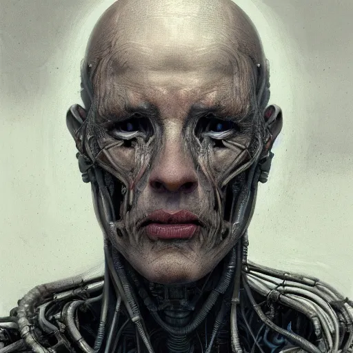 Prompt: surreal portrait of a man by Greg Rutkowski and H.R Giger, cyborg of indeterminate age, symmetrical, bald, haunting appearance, pale as marble, biomechanical and intricate, empty and uncany expression, cosmic void background, frightening, fascinating, highly detailed portrait, digital painting, artstation, concept art, smooth, sharp foccus ilustration, Artstation HQ.