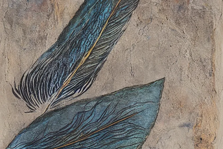 Image similar to 'The color of a River Feather' Mixed Media on Slate, private collection, masterpiece