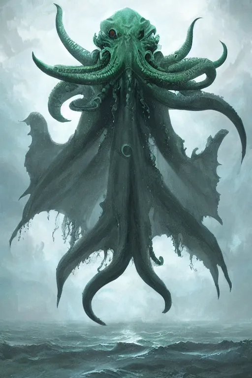 Image similar to cthulhu with bat wings, ocean, storm, digital art, magic the gathering, mtg, by greg rutkowski, trending on artstation