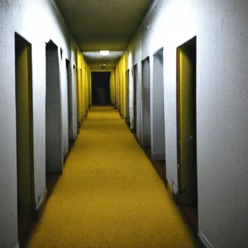 Image similar to flash low quality photograph of the backrooms, mustard - yellow old moldy moist carpet room, empty liminal space, very dark shadows, broken fluorescent lighting, horror movie scene, film grain