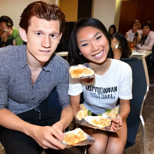 Image similar to Tom Holland eating spam musubi with a beautiful Filipina college girl at Chapman University