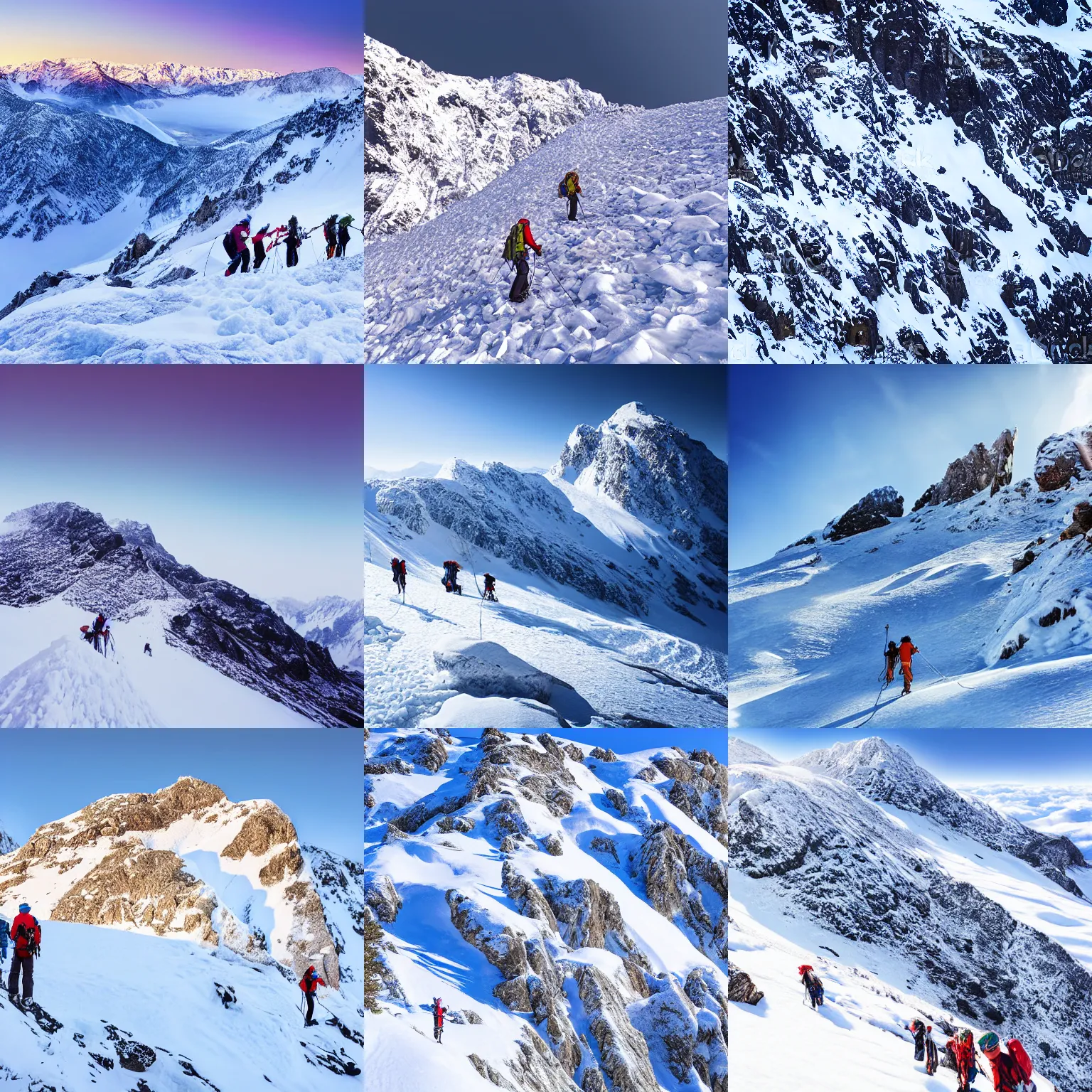 Prompt: climbers on snowy mountain, 4k, photorealistic, tourist destination, photo