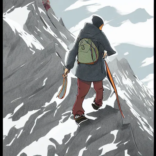 Prompt: person with hoodie walking up a mountain with a backpack that has katanas on the sides by carrie south, anime, amazing composition, astonishing detail, smooth lines, beautiful scenery