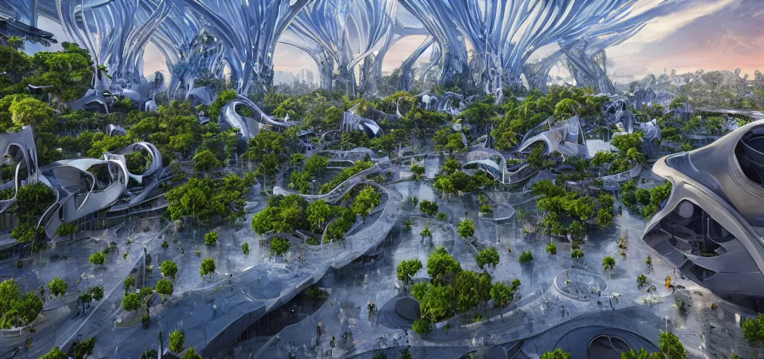 Prompt: highly detailed futuristic architecture by Antoni Gaudí, floating buildings, reflective lighting, empty streetscapes, surrounded by lush alien vegetation, ground-level view, puddles of water, stunning sunny lighting, sunrise, vivid colors, in the style of pixar animation, trending on Artstation, 8k, photorealistic, ray tracing, hyper detailed, unreal engine 5, cinematic, epic lighting, cryengine, octane render, cyberpunk, red and orange glow, vibrant