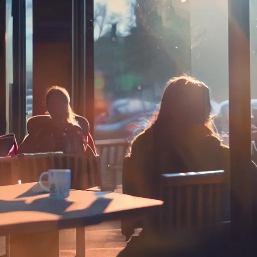 Prompt: cinematic photo of ghostly apparitions at a starbucks in the late afternoon with red sunlight