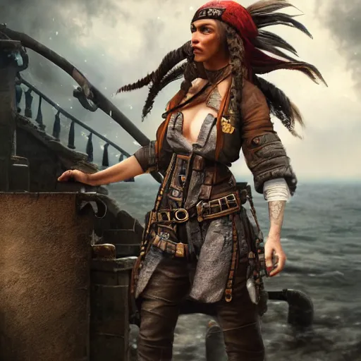 Prompt: hyperrealistic mixed media high resolution image of a female pirate, stunning 3d render inspired art by István Sándorfi and Greg Rutkowski and Unreal Engine, perfect symmetry, dim volumetric lighting, 8k octane beautifully detailed render, post-processing, extremely hyper-detailed, intricate, epic composition, highly detailed attributes, highly detailed atmosphere, full body shot, cinematic lighting, masterpiece, trending on artstation, very very detailed, masterpiece, stunning, flawless structure, lifelike texture, perfection,