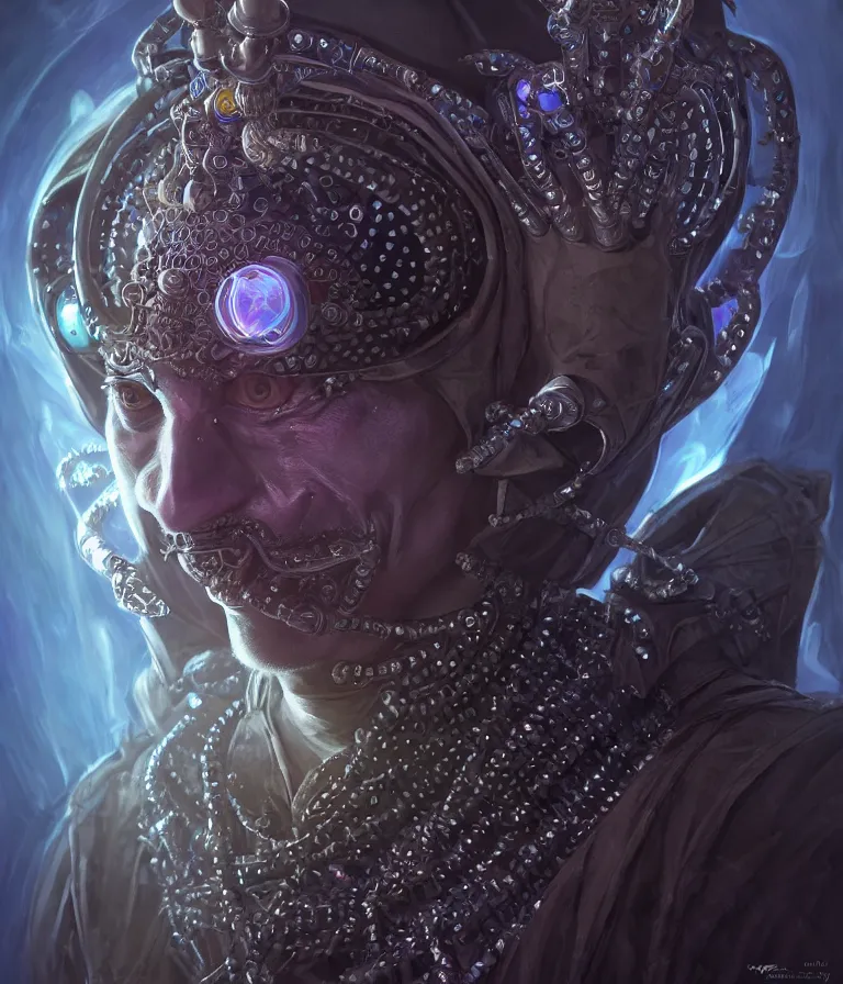 Image similar to front!!! shot of a court jester!!! character, hyperdimensional, bioluminescent hypercubes, dark holography!!!, future, chrome, (((intricate))), elegant, highly detailed, centered, (((artstation, concept art, smooth, sharp focus, artgerm, Tomasz Alen Kopera, Peter Mohrbacher, donato giancola, Joseph Christian Leyendecker, WLOP, Boris Vallejo))), mugshot!!!!!, ugly!!!!!!, octane render, nvidia raytracing demo, octane render, nvidia raytracing demo, octane render, nvidia raytracing demo, grainy, muted, 8K, digitalblasphemy, metatron