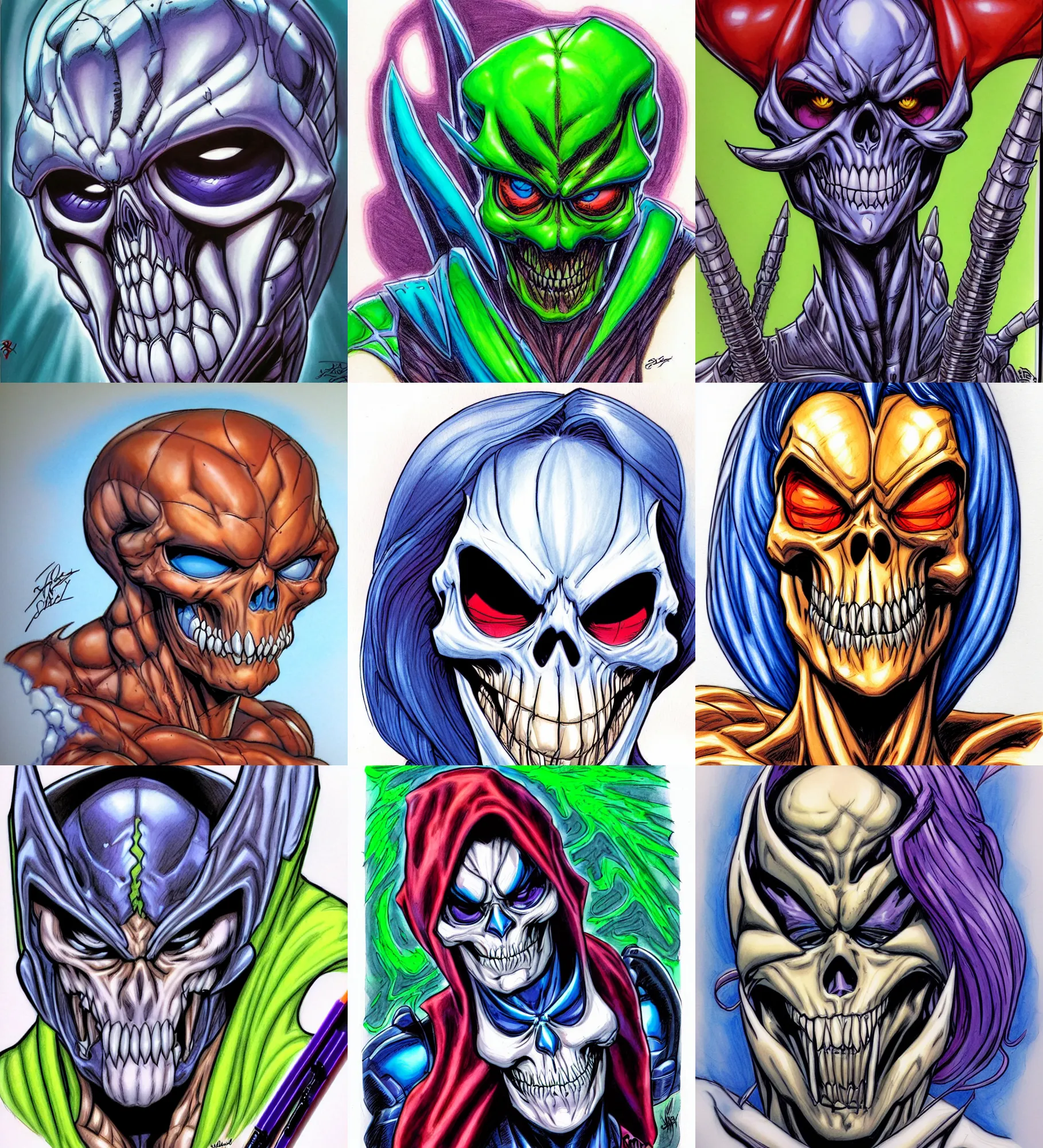 Prompt: macro head shot centered j scott campbell!!! ink colored airbrushed gouache sketch by j scott campbell centered symmetrical headshot of skeletor in the style ofj scott campbell