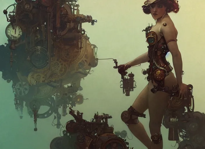 Prompt: woman model, steampunk!!! and modern, swimming, top view, rgb, backlit, elegant, highly detailed, digital painting, artstation, concept art, smooth, sharp focus, illustration, art by krenz cushart and artem demura and alphonse mucha