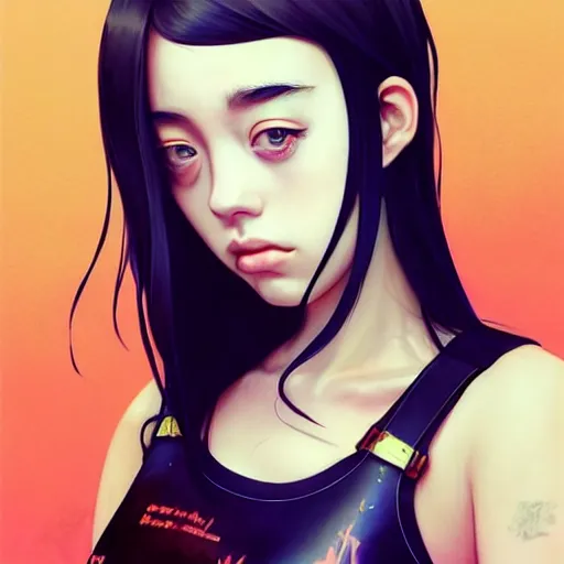 Image similar to a beautiful young japanese billie eilish kat dennings alluring instagram model in elaborate latex tank top, by guweiz and wlop and ilya kuvshinov and artgerm and makoto shinkai and studio ghibli, symmetrical eyes, aesthetic, gorgeous, stunning, alluring, attractive, artstation, deviantart, pinterest, digital art