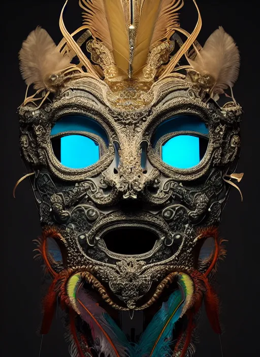 Image similar to 3 d face in venetian mask portrait, global illumiantion beautiful intricate highly detailed quetzalcoatl skull and feathers. bioluminescent, plasma, lava, ice, water, wind, creature, thunderstorm! artwork by tooth wu and wlop and beeple and greg rutkowski, 8 k trending on artstation,