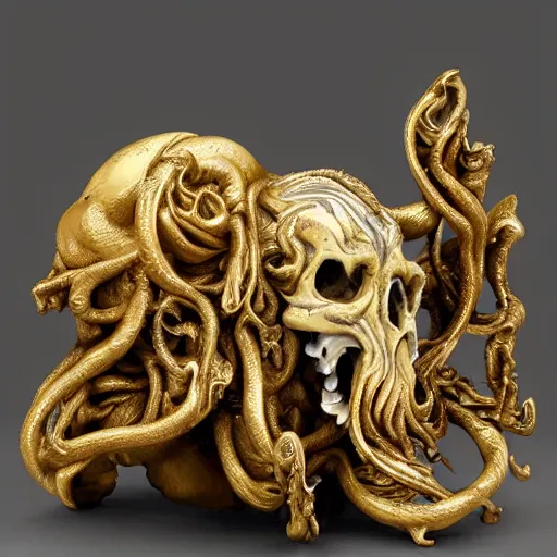 Image similar to Baroque intricately detailed marble cthulhu skull sculpture, with rococo gold details, sculpted by Bernini