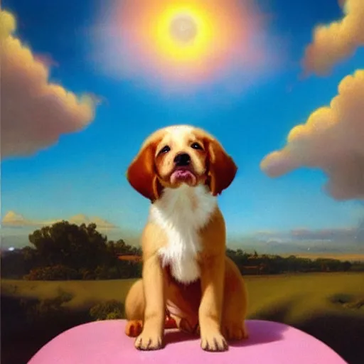 Prompt: a puppy sitting in front of a rainbow that extends to the clouds in heaven, digital art by Gil Elvgren