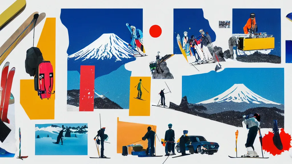 Prompt: an arrangement of skiing traveller props, japan, a collage painting, in the style of wes anderson, lola dupre, david hockney, isolated on negative white space background dark monochrome neon spraypaint accents volumetric octane render