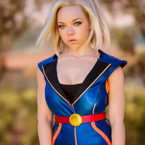 Prompt: sydney sweeney as android 1 8 dragon ball z, dslr photo, 8 5 mm f / 1. 8