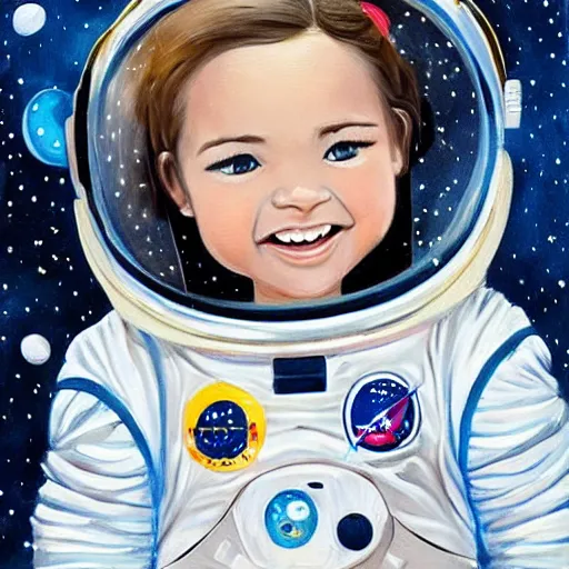 Image similar to a cute little girl with a round cherubic face, blue eyes, and short wavy light brown hair smiles as she floats in space with stars all around her. she is an astronaut, wearing a space suit. beautiful painting with highly detailed face by artgerm and quentin blake