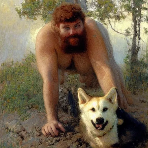 Prompt: a bearded, ginger, hairy man with an husky body type, painting by Gaston Bussiere, Craig Mullins