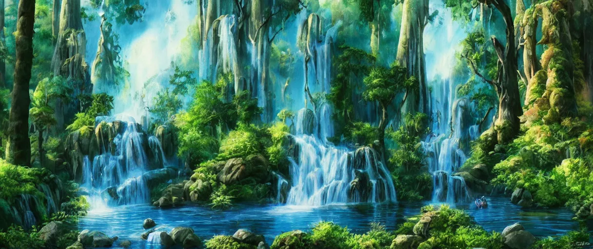 Image similar to disney movie background art of a beautiful waterfall in a forest