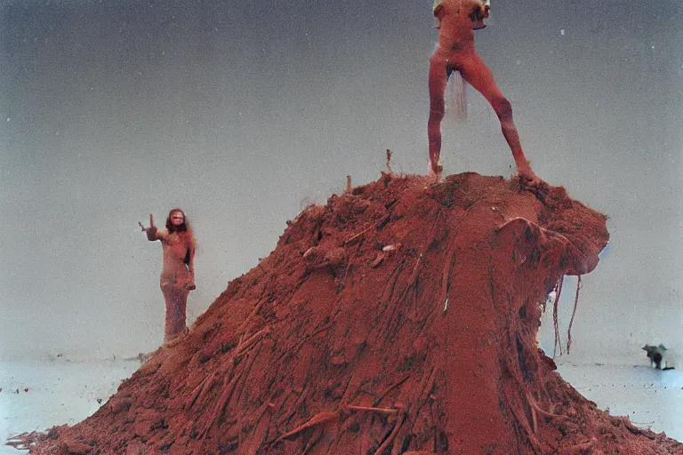 Image similar to a surrealist painting of a lonely woman with pale skin and red hair, standing over pile of bodies in post apocalyptic snowy landscape, painted by zdzisław beksinski