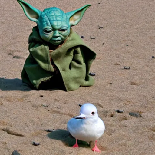 Image similar to sad real life Yoda on a beach, seagulls pecking Yoda’s head