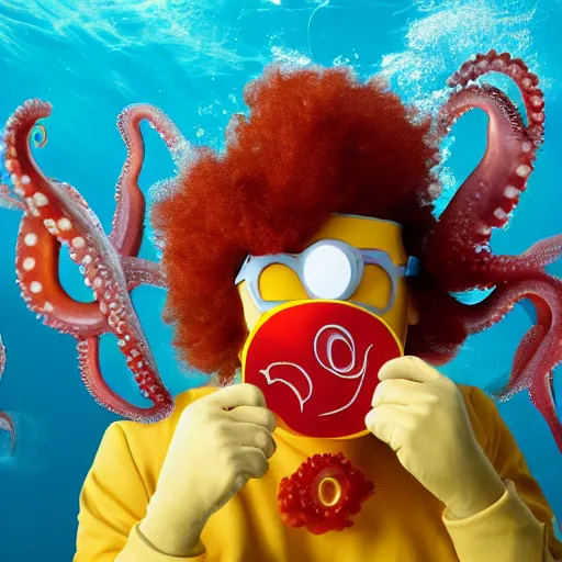 Image similar to Ronald mcdonald eating an octopus underwater