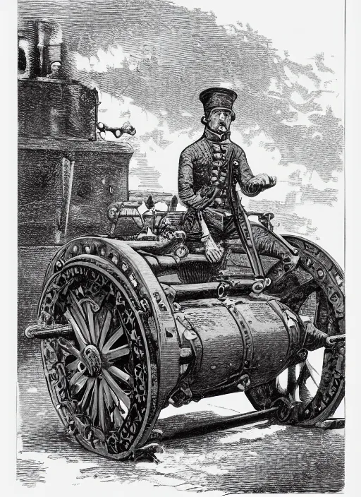 Image similar to 19th century wood-engraving of a steam powered Renault FT tank, whole page illustration from Jules Verne book, art by Édouard Riou Jules Férat and Henri de Montaut, frontal portrait, high quality, beautiful, highly detailed, removed watermarks