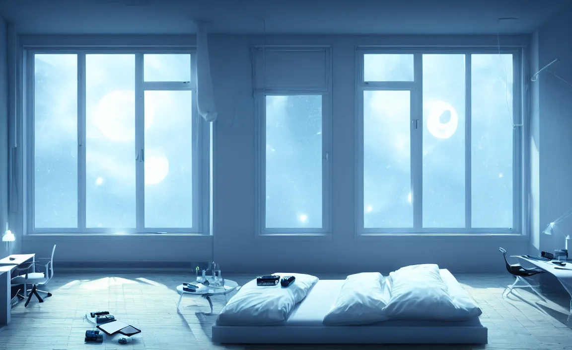 Image similar to bedroom, white bed, desk, computer, warm light, floor to ceiling window, the night scene outside the window. future science fiction. game cg, hyperdetailed, trending on cgsociety