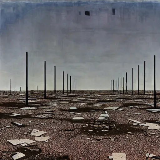 Image similar to barren city, nuclear wasteland, Fallout aesthetic, Anselm Kiefer