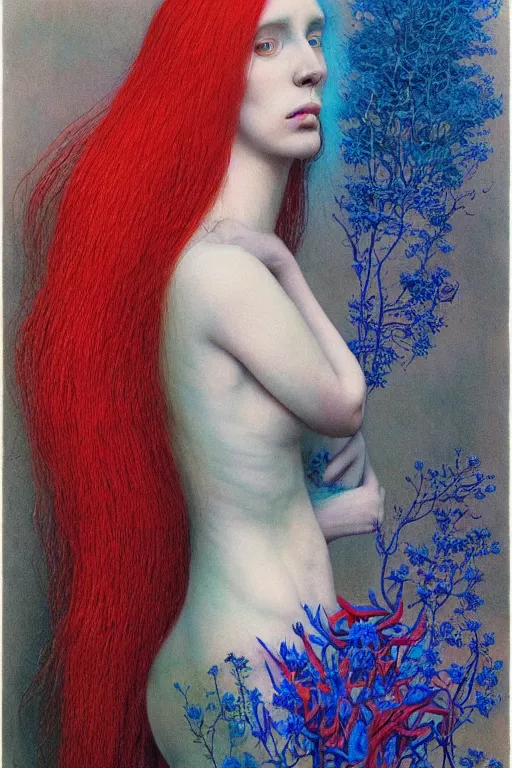 Image similar to pale woman, with long red hair, completely tattooed with blue fluorescent flowers, by zdzisław beksiński