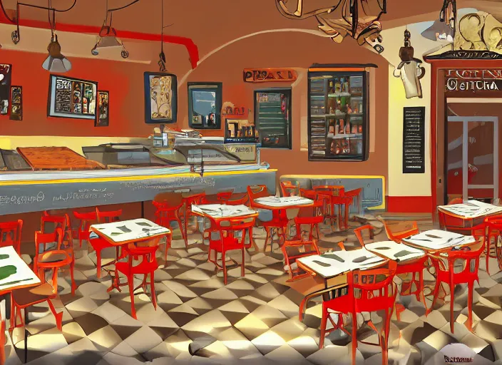 Image similar to digital painting of the inside of a pizzeria in italy,