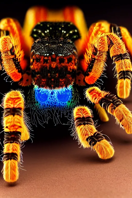 Image similar to high quality close-up photo rococo holographic tarantula! jewelled gorgeous! highly detailed david ligare elson peter cinematic orange neon lighting high quality low angle hd 8k sharp shallow depth of field