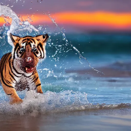Image similar to a closeup photorealistic photograph of a cute smiling tiger bichon puppy splashing in the surf during sunset. professional capture, well lit shot. this 4 k hd image is trending on artstation, featured on behance, well - rendered, extra crisp, features intricate detail, epic composition and the style of unreal engine.
