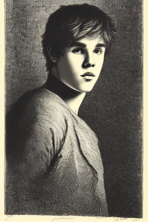 Prompt: portrait of Justin Bieber, Gustave Dore lithography