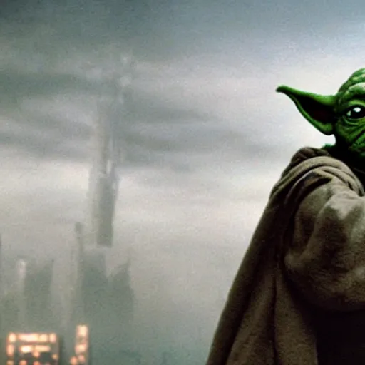 Prompt: movie still of yoda as godzilla destroying tokyo in the new movie, giant yoda