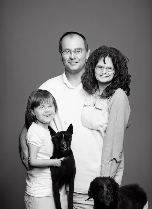 Prompt: a family portrait of a husband, wife, and their black dog. 9 0 s, studio lighting, mamiya, bulb flash