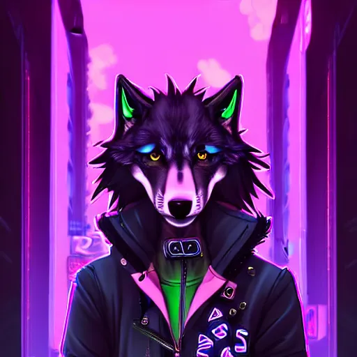 Image similar to beautiful furry digital art portrait commission of an androgynous furry anthro wolf fursona wearing punk clothes in the streets of a cyberpunk city. neon signs. character design by charlie bowater, ross tran, artgerm, and makoto shinkai, detailed, inked