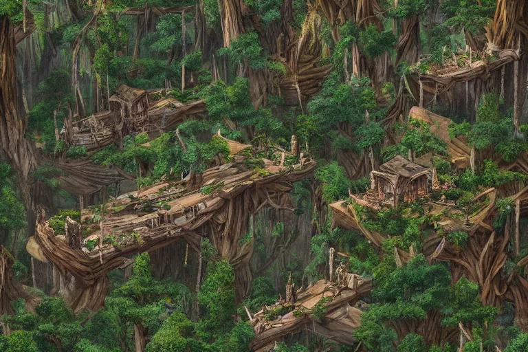 Image similar to a wood elf village suspended high up in the redwood tree canopies, connected by rope bridges, fantasy setting, dense vegetation, very detailed, d & d concept art, 4 k