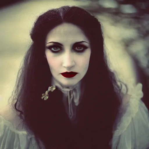 Image similar to A beautiful portrait of a lady vampire, victorian, photography, 35mm, depth of field, bokeh, soft light, cinematic, steve mccurry