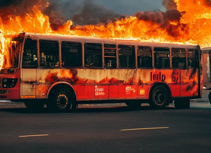 Prompt: a 3 5 mm photo of a city bus on fire, splash art, movie still, bokeh, canon 5 0 mm, cinematic lighting, dramatic, film, photography, golden hour, depth of field, award - winning, anamorphic lens flare, 8 k, hyper detailed, 3 5 mm film grain