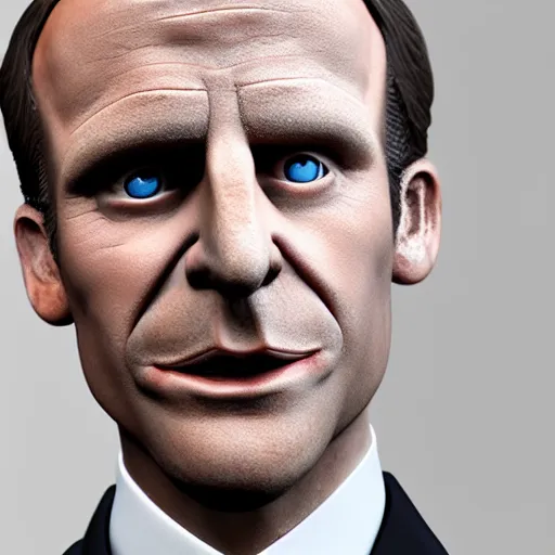 Prompt: Emmanuel Macron puppet, realistic, photo studio, HDR, 8k, trending on artstation