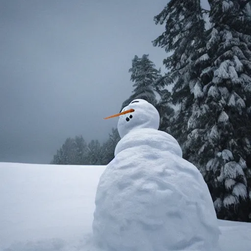 Prompt: snowman forming a man-like sculpture from snow on a snow-covered hillock, late evening, photorealistic image cinematic lighting, photo realistic image, 4K, super detailed, cinematic look, H 1024