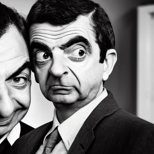 Image similar to A portrait mr bean teams up with a teenage rowan atkinson, perfect faces, 50 mm, award winning photography