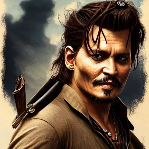 Prompt: Johnny Depp as Nathan Drake, western, D&D, fantasy, intricate, elegant, highly detailed, digital painting, artstation, concept art, matte, sharp focus, illustration, art by Artgerm and Greg Rutkowski and Alphonse Mucha